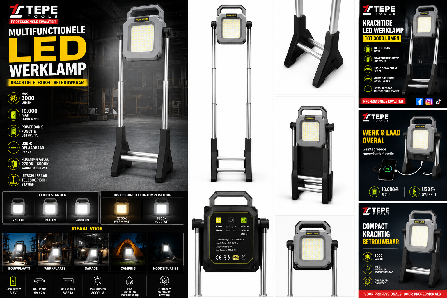 Oplaadbare LED bouwlamp 3000 lumen met telescopische voet